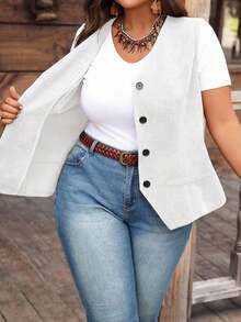 EMERY ROSE Áo vest nữ cỡ lớn, màu trơn, cài một hàng khuy, chất liệu nhung kẻ, kiểu dáng thường ngày. - trắng - Xem 7