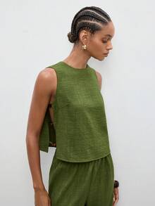 Maija 女士纯绿色圆领侧开衩串珠连接背心，圣帕特里克节女士上衣，春季女士上衣，夏季上衣，派对上衣，沙滩装，外出上衣，优雅女士上衣，女士度假装，夏季度假装，海滩度假装 - 軍綠色 - 查看 5