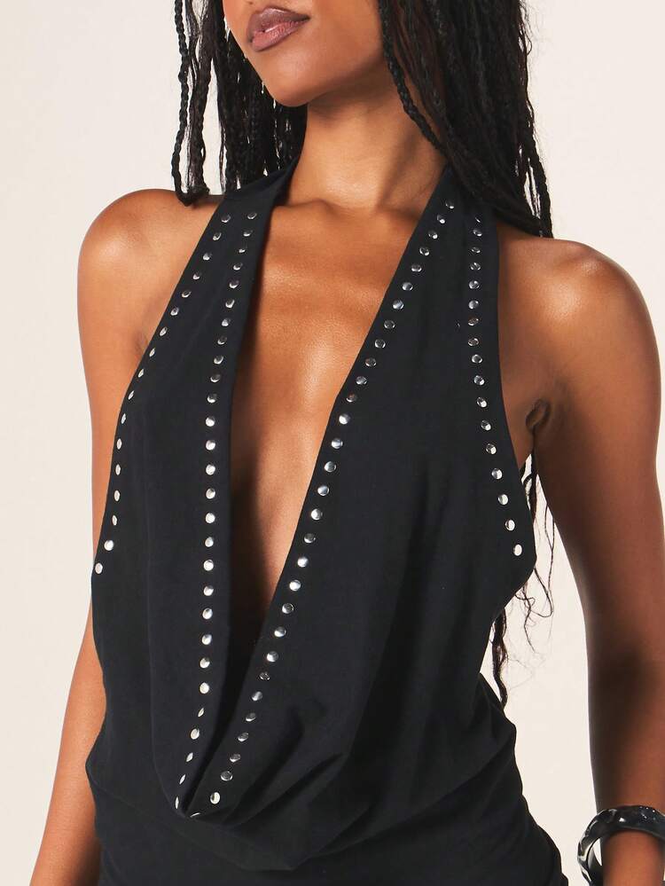 MISSGUIDED Women's Studded Cowl Neck Halter Mini Dress Black Backless Party Clubwear Sleeveless Asymmetrical Hem Evening Cocktail Dress