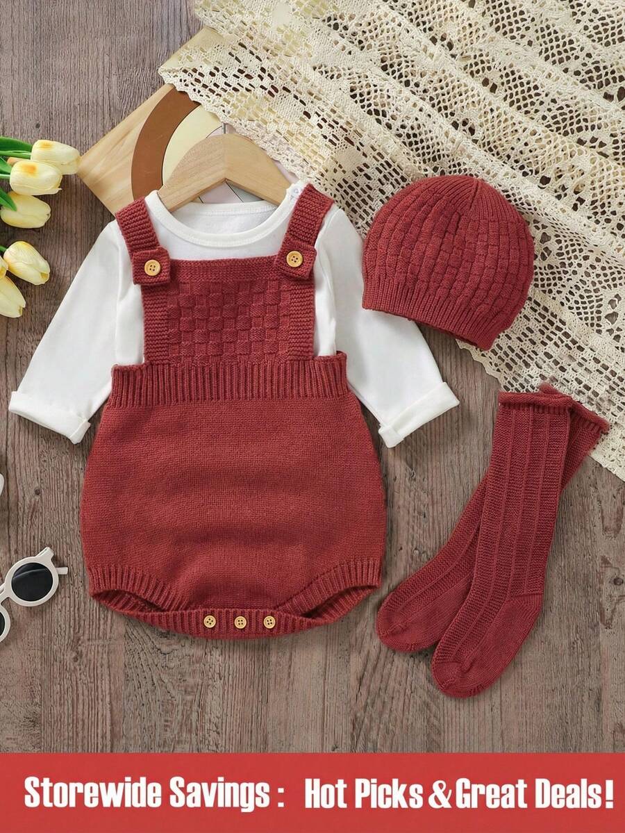 SHEIN 3 piezas Conjunto de pelele de punto informal para bebé niña en color burdeos con gorro y calcetines, mono cómodo todo en uno - Burdeos - Ver 1