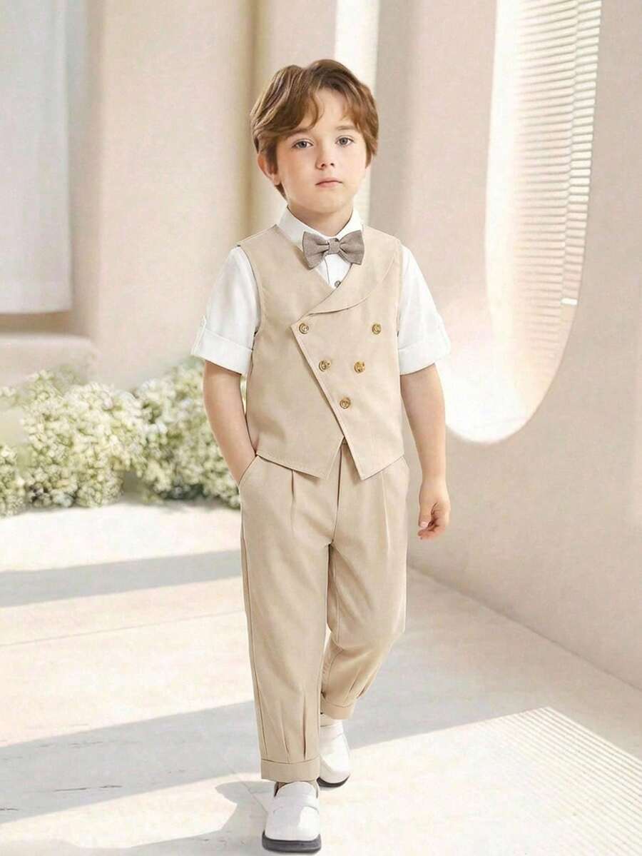 SHEIN 男童绅士套装，卡其色西装背心外套和松紧腰裤，适合生日派对、晚宴、演出、婚礼、迎婴派对、一周岁生日庆祝等场合。