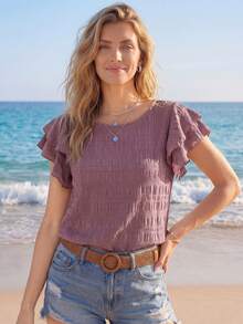 EMERY ROSE Women's Round Neck Solid Color Casual Short Sleeve Shirt With Ruffled Hem For Summer - Dusty Purple - View 1