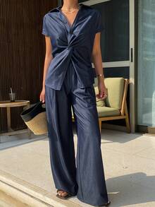 DAZY Women's Casual Washed Twist Shirt And Wide Leg Jeans 2-Piece Suit, Spring/Summer - Medium Wash - View 5
