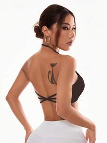 Easithlete 女士纯色露背挂脖运动文胸 - 咖啡棕 - 查看 2