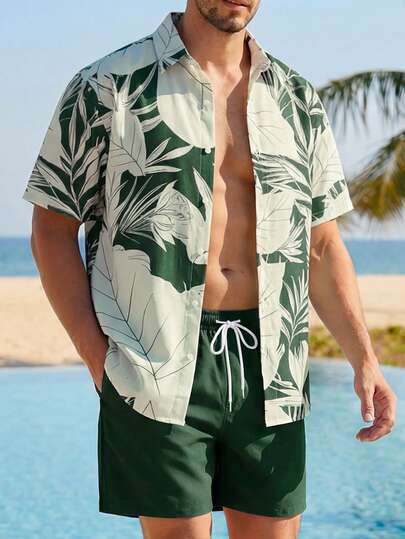 VIVINTIMO Men's Summer Beach Coconut Tree Printed Button Up Shirt & Shorts Set Men Vacation Short Sets Men Summer Clothes Set Men Beach Wear Set