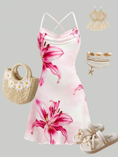 SHEIN Girlism Tween Girl Floral Print Criss-Cross Strap Fitted Mini Dress, Vacation