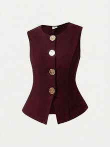 Girlism Teen Girls Sleeveless Top And Pants Set, Metal Button Closure, Elegant Retro Style,,,Kids - Burgundy - View 5