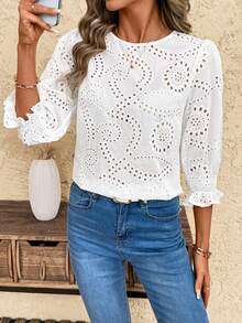 SHEIN Clasi 女士度假款七分袖圆领刺绣衬衫 - 米色 - 查看 4