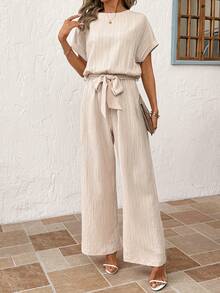 SHEIN Clasi Waist Cinching Hollow-Out Knit Jumpsuit, Suitable For Casual Daily Wear Or Vacation - Khaki - View 6