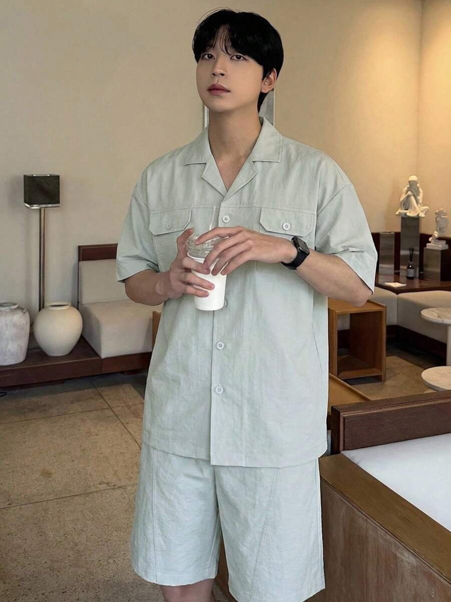 Bộ áo sơ mi ngắn tay và quần short nam, màu xám, thích hợp cho mùa hè. - Xám - Xem 1