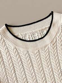 SHEIN Unity Top tricoté à col rond ajouré de couleur unie à manches courtes pour femmes, polyvalent pour le port estival, le layering, le bureau, les occasions sociales, le style Y2K - Nude - Voir 3