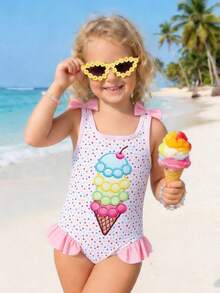 SHEIN Emery Rose Kids 小女孩夏季度假沙滩波点冰淇淋刺绣连体泳衣，女童冰淇淋印花可爱连体泳衣，小女孩冰淇淋泳装，连体泳衣套装，女童配套泳衣，配套泳装，花卉印花蝴蝶结沙滩连体泳衣，花卉图案蝴蝶结连体泳衣，可爱沙滩套装，花卉蝴蝶结小女孩连体泳衣 - 淺粉色 - 查看 5