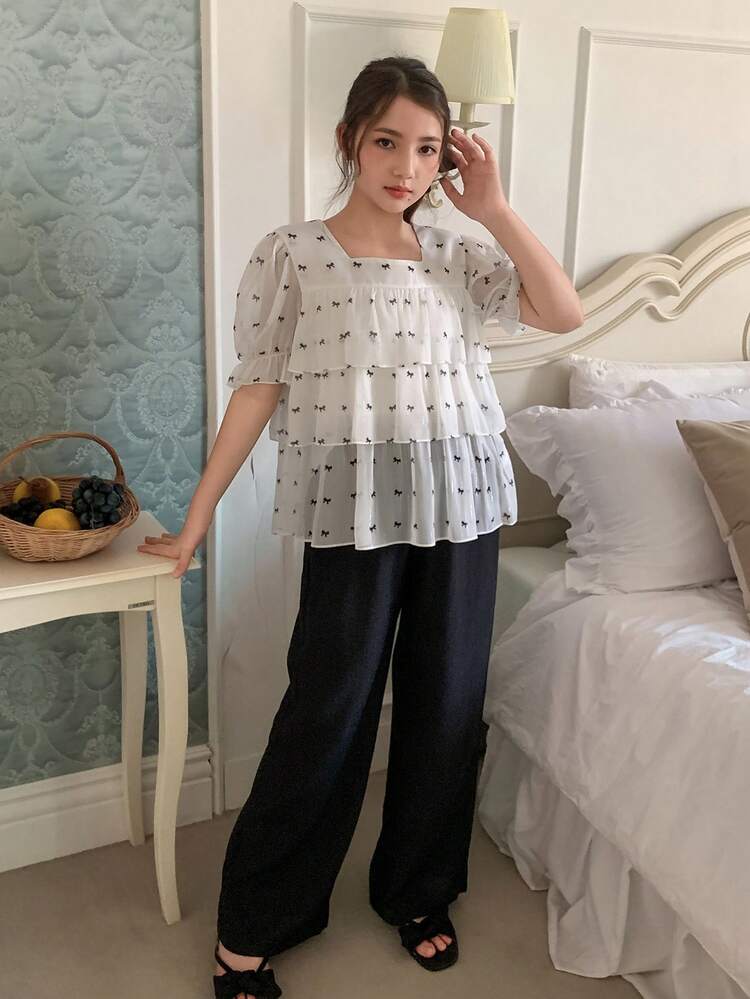 Tween Girl Bow Decor Multi-Layer Ruffle Blouse And Pants Set