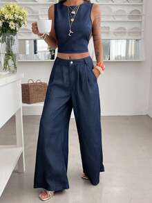 Livesso 女士圆领露背系带短款无袖上衣搭配阔腿牛仔裤休闲套装 - 藍色 - 查看 4