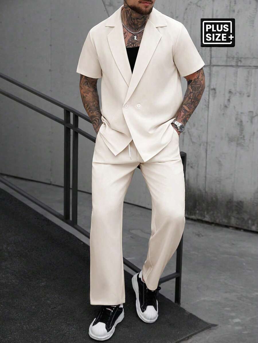 Manfinity CasualCool 大尺碼男士雙排扣翻領襯衫與長褲套裝,米色,夏季,休閒,城市度假,兩件式套裝,象牙色西裝,街頭風,老錢風,海灘穿搭,正式 - 米色 - 查看 1