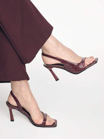 Mnmlis Women's High-Heeled Sandals Spring And Summer Fashion Sexy Retro Modern Elegant Style Crocodile Pattern Back Lift With Square Toe Women's Dinner Party Wear Stiletto Sandals