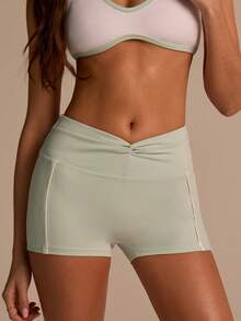 Fluxe Women's Casual Sports Twist Waist Fitted Shorts,Summer Green Sportswear For Spring Break,Beach,Party,Graduation,,Joggers&Sports Shorts - Green - View 2