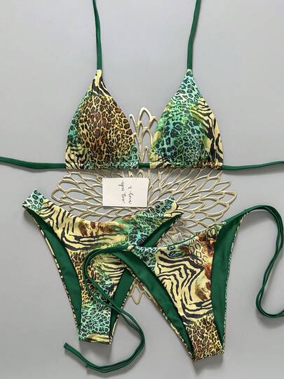 Swim Vcay 2026 Spring/Summer Green Random Zebra & Leopard Print Halter Neck High Cut Drawstring Bikini Bottom + High Cut Bikini Bottom, Women 3-Piece Sexy Vacation Swimwear Set Animal Print Swimwear Animal Print Bathing Suit Cheetah Print Bikini Animal Print Bikini Cheetah Bikini