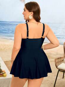 Swim Lushoire Traje de baño de una pieza tipo tankini de unicolor casual de verano para mujer de talla grande - Azul Marino - Ver 2