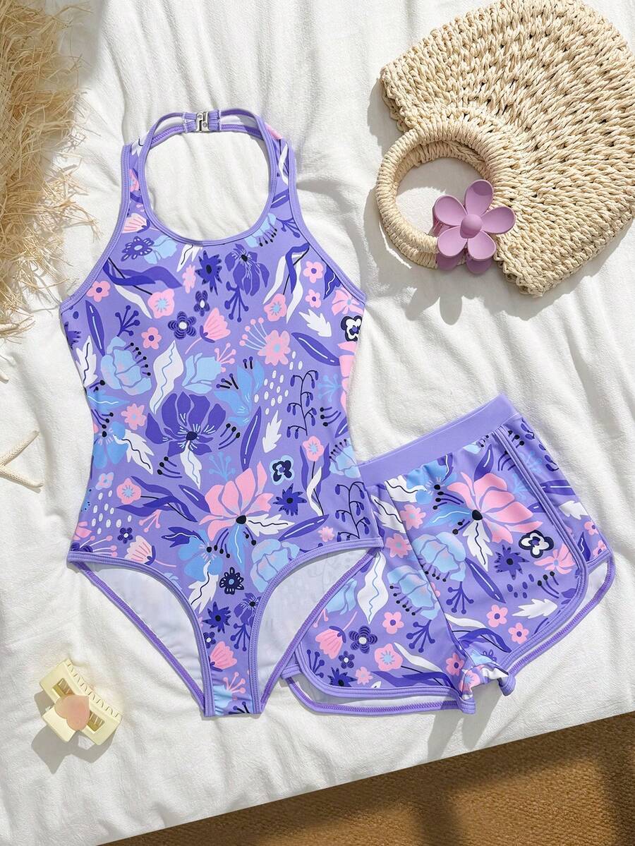 SHEIN 少女连体泳衣,可爱紫色、白色波点和粉色碎花印花,针织面料,可调节颈带,连体泳衣配短裤,两件套,时尚休闲优雅女士款,适合游泳、夏季度假、海滩、泳池、节日派对等场合。 - 紫色 - 查看 1