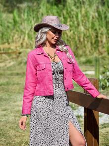 EMERY ROSE Women's Turndown Collar Single-Breasted Rhinestone Embellished Casual Everyday Denim Jacket, Long Sleeve - Hot Pink - View 3