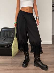 Muchica Women's Black Elastic Waist Contrast Lace Loose 7/8 Pants With Lace Hem,Summer Outfits For Women,Going Out Outfits - Black - View 6