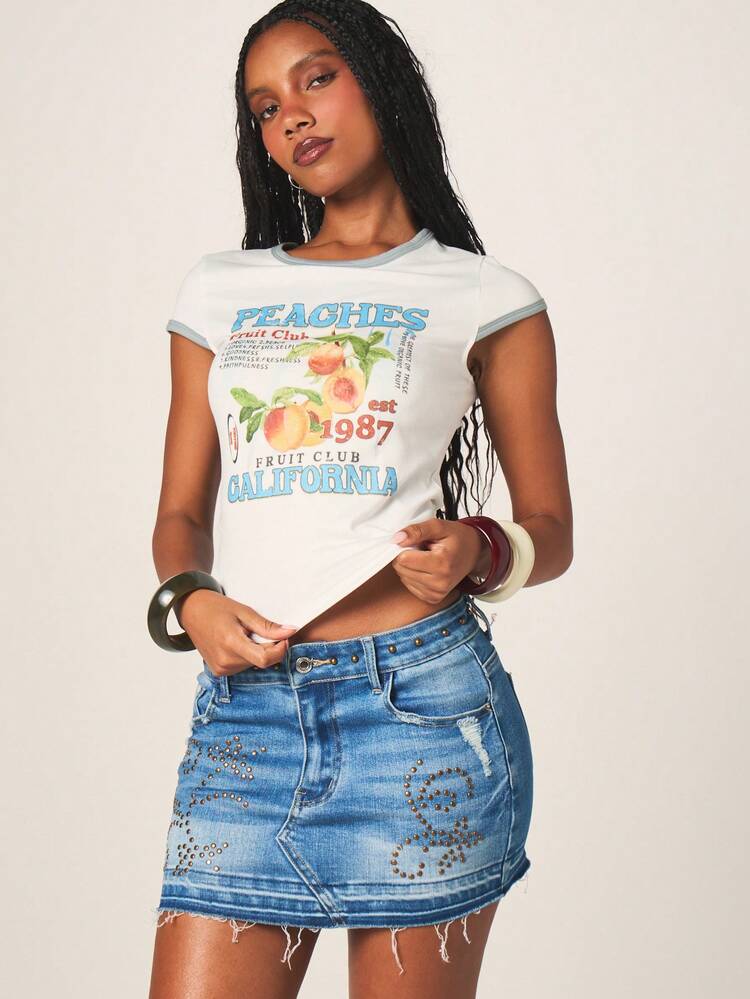 MISSGUIDED Women Peaches Fruit Club California 1987 Baby Tee Short Sleeve Crew Neck Retro Vintage Graphic Print Summer Top