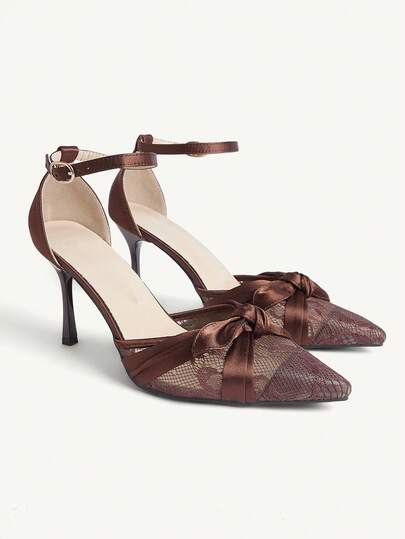 CUCCOO CHICEST Women's Fashion Pointed Classic Satin Mesh With Sexy Evening Wear Party Style Simple Back Space Stiletto High Heel Shoes