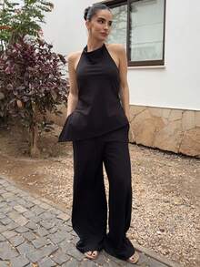 Marta Soriano Women's Solid Color Halter Casual Outfits + Long Pants Set,Summer Sets - Black - View 5