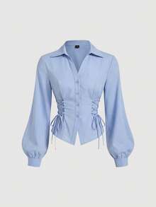 MOD Camisa de mujer de unicolor con cuello de solapa, diseño de cintura con corbata, de uso versátil y casual, con mangas farol - Negro - Ver 6