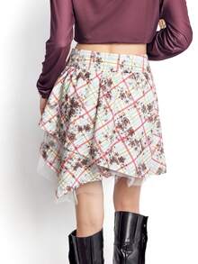 Bloopia Women's Woven Vintage Punk Palace Retro College Style Asymmetrical Plaid Contrast Mesh Skirt - Multicolor - View 2
