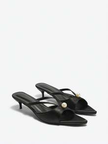 软底法式性感穆勒鞋，细跟，露趾，充满夏日仙气的高跟凉鞋，2025新款，猫跟 - 黑色 - 查看 2