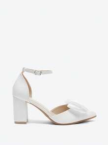 2025秋冬季时尚黑色绑带高跟鞋，饰有蝴蝶结，粗跟，黑色镂空尖头女鞋，优雅，女士高跟鞋，优雅，婚礼服饰 - 白色 - 查看 6