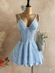 Soleia 春夏新款休闲度假西式海滩婚礼宾客礼服毕业早午餐女装，适合圣帕特里克节、春假、复活节、音乐节等场合，优雅波西米亚热带浪漫蕾丝拼接迷你连衣裙 - 淺藍色 - 查看 1