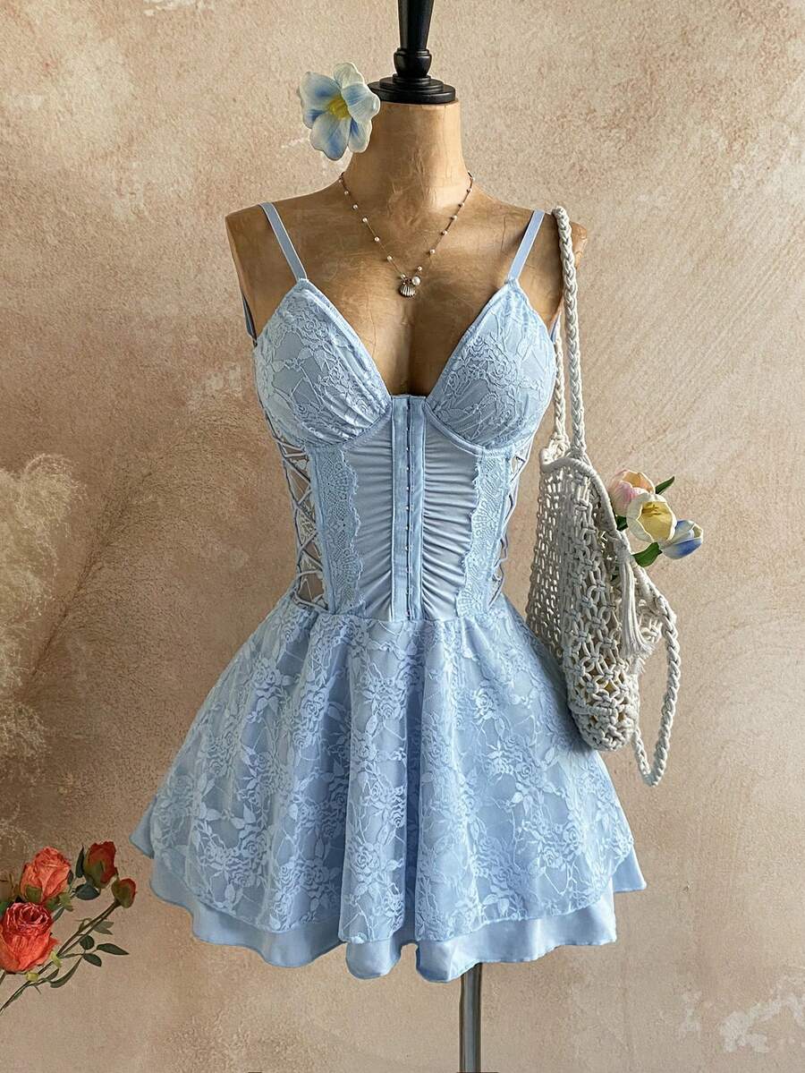 Soleia 春夏新款休闲度假西式海滩婚礼宾客礼服毕业早午餐女装，适合圣帕特里克节、春假、复活节、音乐节等场合，优雅波西米亚热带浪漫蕾丝拼接迷你连衣裙 - 淺藍色 - 查看 1