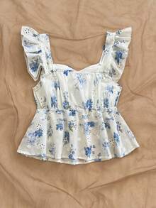 Soleia WYWH 女士度假宽松方领短袖衬衫，粉色碎花方领短袖上衣 - 藍白色 - 查看 2