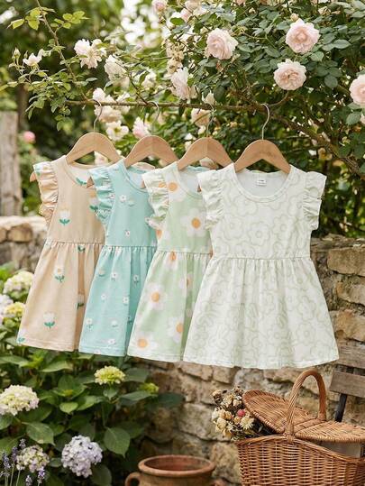 Souflis Souflis 4pcs/Set French Style Floral Print Baby/Toddler Girls Cute Flower Cap Sleeve Ruffle Dress, Summer
