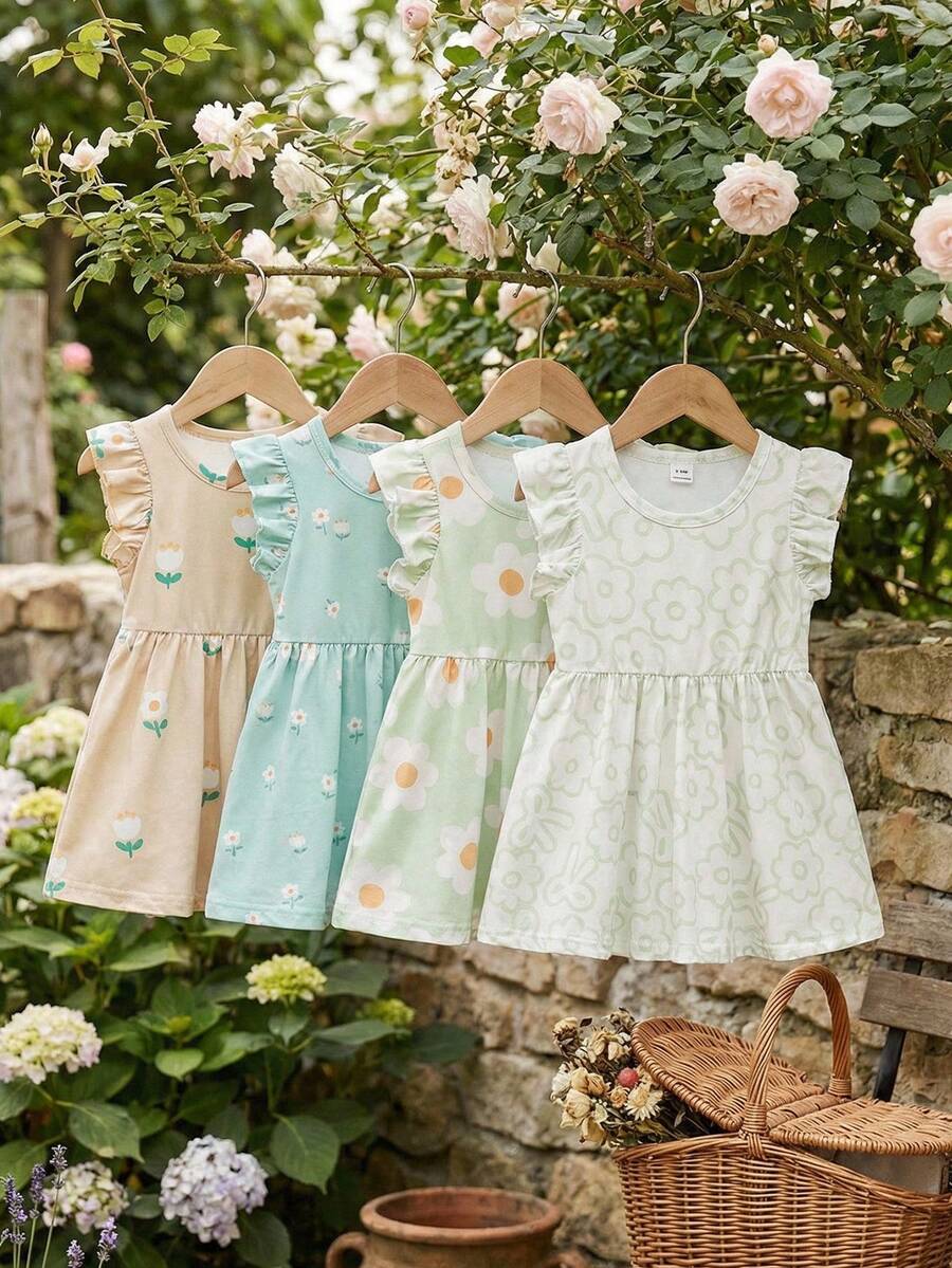 Souflis Souflis 4pcs/Set French Style Floral Print Baby/Toddler Girls Cute Flower Cap Sleeve Ruffle Dress, Summer - Multicolor - View 1