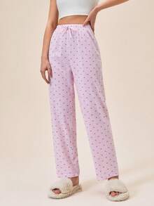 Loomlin Women Cotton Pink With Contrast Colour Striped Heart Patterned Fake Drawstring Detail Long Homewear Casual Cute Sleep Bottom Pants - Pink - View 4