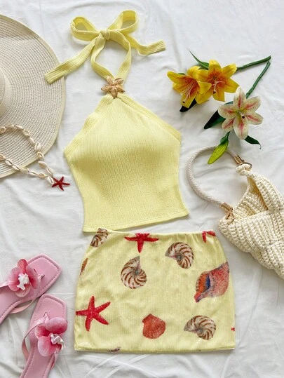 Soleia Women's Vacation Metal Starfish Decor Halter Top And Mini Skirt 2 Pieces Set