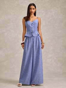 EURMUSE Women Linen Fabric Two Pieces Suit Sets - Royal Blue - View 1