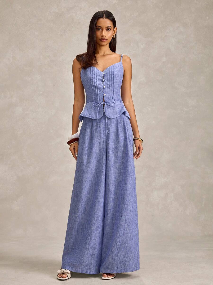 EURMUSE Women Linen Fabric Two Pieces Suit Sets - Royal Blue - View 1