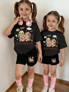 Young Girl Cartoon Print Short Sleeve Top And Shorts Set School Clothes Back To School Clothes Puppy Keep Puppy Graphic Tees - Black - View 1