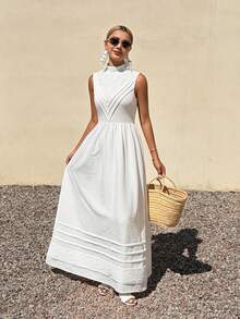 Livesso Holiday Outfit White Sleeveless Mock Neck Cinched Waist Midi Dress For Women, Summer Sundress - White - View 6