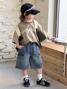 SHEIN Pantalones cortos cargo de mezclilla azul de ajuste holgado para niños - Azul lavado medio - Ver 5