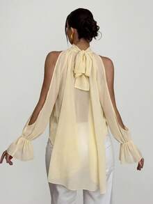 Firerie Women's Hollow Out Ruffle Sleeve Halter Neck Asymmetric Hem Blouse Top, Flowy Romantic Ladies Shirt, Suitable For Vacation Wear, Romantic Vacation Vibe Blouse, Semi-Sheer Shirt Top, Spring/Summer , Elegant, Commute, Date, Music Festival, Wedding Season, Graduation, Prom, Performance, Concert, Work Attire, Back To School, Women's Birthday, Holiday, Boho, Vacation, Bohemian, Beach, Comfortable - Light Yellow - View 4