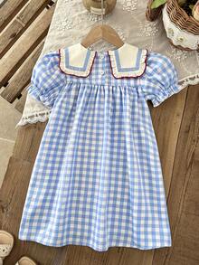 Young Girl' Summer Blue & White Plaid Dress, With Cherry Embroidered Lapel, Puff Sleeves + Loose Skirt, Fresh And Cute, Suitable For Summer Outfit, Plaid Element Brings Retro Vibe, Sweet Elements Fully Loaded. - Blue - View 2