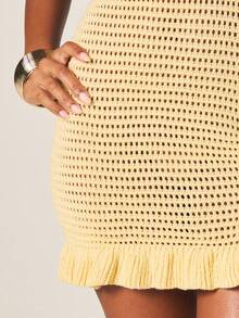 MISSGUIDED Women's Crochet Mini Dress With Fringe Hem Sleeveless Summer Beach Vacation Bodycon Fit V Neck Tank Style Yellow Casual Sundress - Yellow - View 2