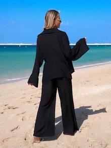 Swim Lushoire Áo khoác kimono dáng rộng màu đen thêu họa tiết, thanh lịch, thích hợp cho kỳ nghỉ xuân/hè 26SS, đi biển. - màu đen - Xem 7