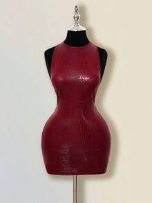 SHEIN ICON Y2K Women's Mardi Gras Sexy Festiva Burgundy Concert Party Club Coachella Maroon Solid Color Round Neck Sleeveless Fitted Backless Mini Dress, Summer - Burgundy - View 3